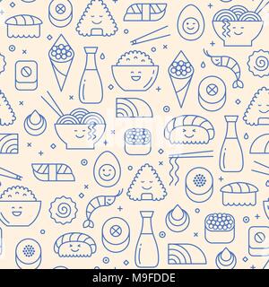 Vector seamless pattern with Japanese cuisine like sushi, rice, rolls and fish. Blue icons on beige background. Smiling faces, kawaii in line art. Stock Vector