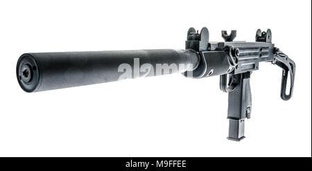 An UZI with a silencer and it's stock extended on an isolated background. Stock Photo