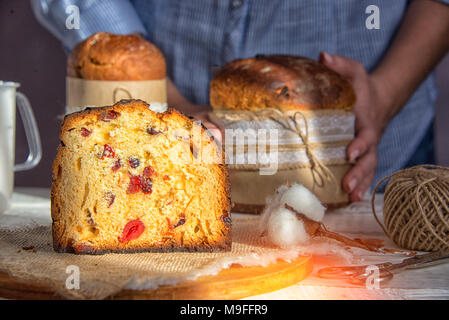 Easter cake in the hands of the girl cream to add to the cake Stock Photo