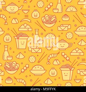 Vector seamless pattern with line icons of Chinese food. Traditional take away boxes, noodles, dim sum, ramen and spring rolls. Smiling faces kawaii. Stock Vector