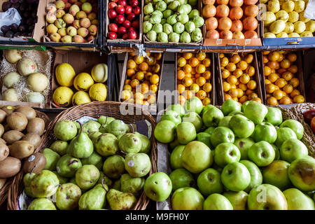 Buenos Aires Argentina,Verduleria de las Luces,greengrocer,produce market,fruit crates,pears,apples,oranges,kiwi,shopping shopper shoppers shop shops Stock Photo