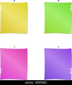 Collection of different colored sheets of note papers and push pin, ready for your message. Vector illustration. Isolated on white background. Stock Vector