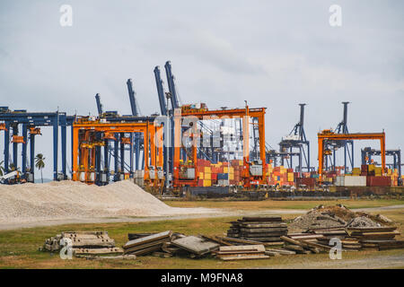 logistics, shipping concept - container and cranes  at  freight port - Stock Photo