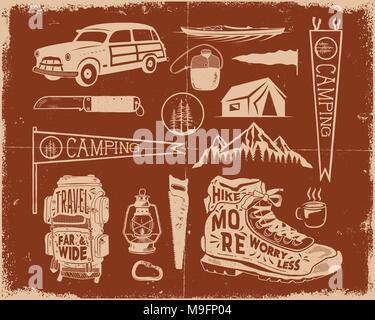 Vintage hand drawn adventure symbols, hiking, camping shapes of backpack, pennant, kayak, surf car, lantern and others. Retro monochrome design. For t shirts, prints. Stock vector silhouette icons Stock Vector