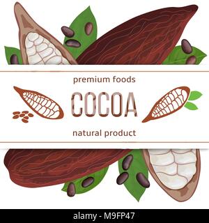 Ripe Cocoa pod fruit, beans and leaves. 3d icon vector set. Stripe with text natural foods premium product. Horizontal label. Stock Vector