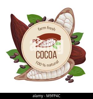 Ripe Cocoa pod fruit, beans and leaves around circle badge with text natural foods premium product. Concept for logo, Stock Vector