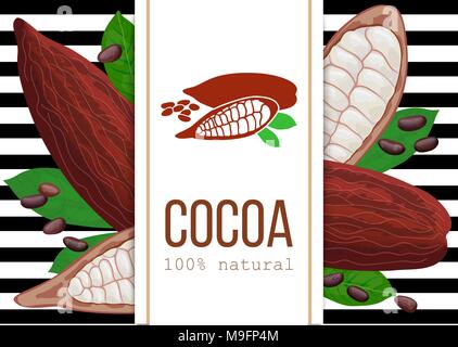 Ripe Cocoa pod fruit, beans and leaves. 3d icon vector set. black and white stripes with text 100 natural. Vertical label. Stock Vector