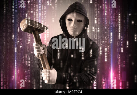 Masked and armed anonymous hacker breaking in cyber security cloud data concept  Stock Photo
