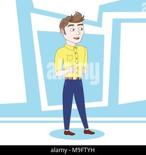 Young Man Cartoon Dancing Over Blue Abstract Background Stock Vector