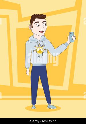 Casual Guy Take Selfie With Smart Phone Posing Make Self Photo Stock Vector