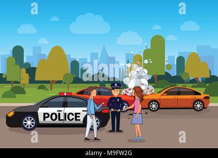 Car Accident Or Crash, Collision On Road With Male And Female Driver And Police Officer Stock Vector