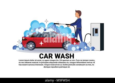 Car Wash Service Worker Cleaning Vehicle Over Copy Space Background Stock Vector