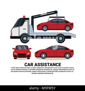 Car Assistance Banner With Car Tow Broken Vehicle Over White Copy Space Background Stock Vector