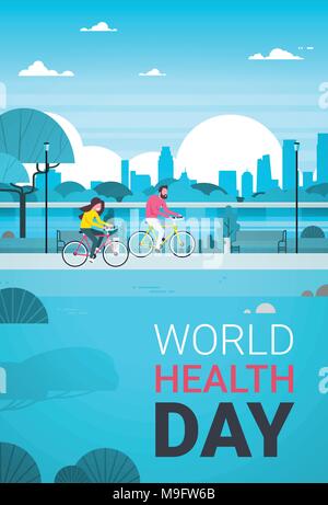 World Health Day Background With Couple Riding Bike In Park Healthcare Holiday Banner Stock Vector