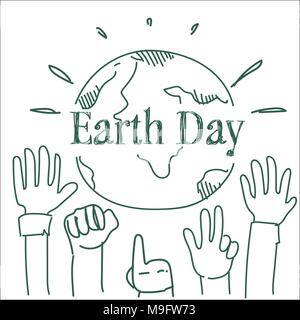 Earth Day Poster Design With Hands Raised To Planet Happy Holiday Sketch Greeting Card Stock Vector