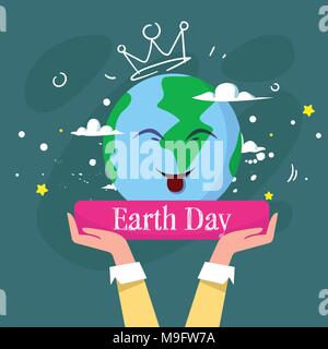 Happy Earth Day Cute Greeting Card With Hand Holding Cartoon Planet Happy Smiling Ecology Protection Holiday Poster Concept Stock Vector