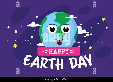 Happy Earth Day Greeting Card With Cute Cartoon Planet Ecology Protection Concept Stock Vector