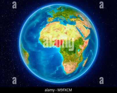 Nigeria in red from Earth’s orbit. 3D illustration. Elements of this image furnished by NASA. Stock Photo