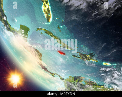 Jamaica during sunset highlighted in red on planet Earth with clouds. 3D illustration. Elements of this image furnished by NASA. Stock Photo