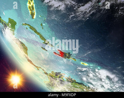 Haiti during sunset highlighted in red on planet Earth with clouds and ...