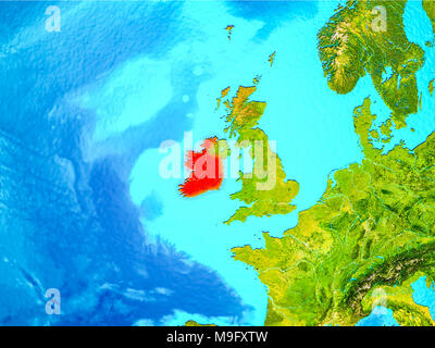 Ireland highlighted in red on model of Earth. 3D illustration isolated ...