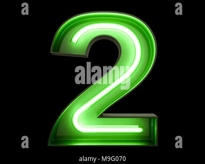 Neon green light glowing digit alphabet character 2 two font. Front view illuminated number 2 symbol on black background. 3d rendering illustration Stock Photo