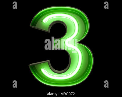 Neon green light glowing digit alphabet character 3 three font. Front view illuminated number 3 symbol on black background. 3d rendering illustration Stock Photo