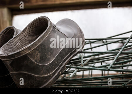 Close up of rubber boots of a farmer lying in greenhouse. Hard work and Agriculture concept. Stock Photo