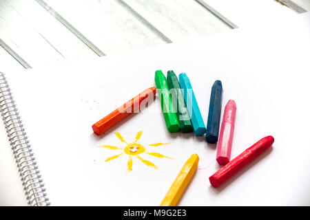 Crayons and pastels lined up isolated on white background with copy space Stock Photo