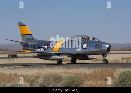 Lancaster, USA. 25th Mar, 2018. A retired United States Air Force F-86 Sabre, built by North American, taxis after a demonstration at the Los Angeles County Air Show. Credit: Kilmer Media/Alamy Live News Stock Photo