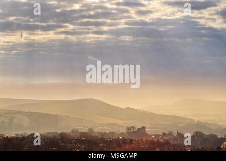 Lewes, East Sussex, UK. 26th March 2018. The medieval Castle rises above Lewes, East Sussex, in the heart of the South Downs National Park on a beautiful cool spring morning © Peter Cripps/Alamy Live News Stock Photo