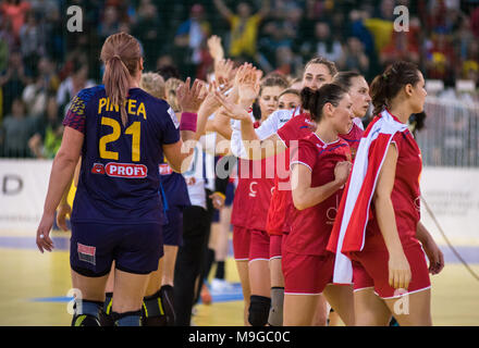 Cluj Napoca, Romania. 25th Mar, 2018. Female players of Romania celebrating victory against Russia at Handball 2018 European Championship Qualification Credit: Pal Szilagyi Palko/Alamy Live News Stock Photo