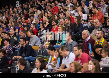 Cluj Napoca, Romania. 25th Mar, 2018. Crowd of people, supporters and sport fans supporting their team at a handball match between Romania and Russia Credit: Pal Szilagyi Palko/Alamy Live News Stock Photo