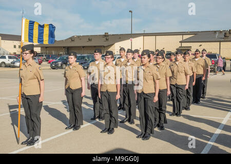 US Navy NJROTC high school cadets in marching drill formation during formal inspections Stock Photo