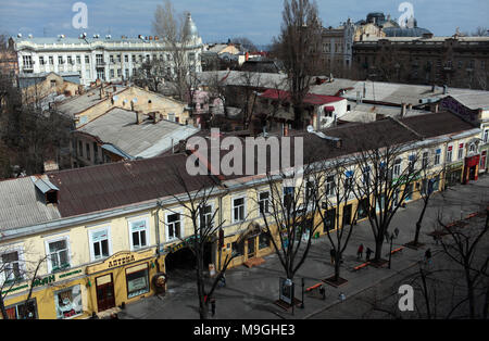 Odessa, Ukraine - March 25, 2015: Aerial view to Deribasovskaya street. The street is the main tourist attraction of the city with dozens of cafes, re Stock Photo