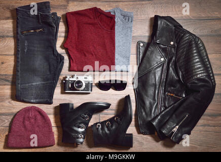 Set of stylish clothes,woman trendy fashion clothes collage on wooden background, flat lay, top view Stock Photo