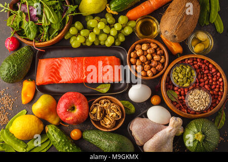 Paleo diet concept. Balanced food frame background. Copy space, dark background. Fresh raw vegetables, fruits, meat, fish, top view. Stock Photo