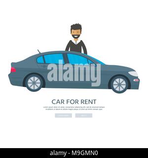 Banner for sales, advertising house, cottage with car and man. Offer of home purchase. Rental of Real Estate. Vector flat design, urban landscape. Stock Vector