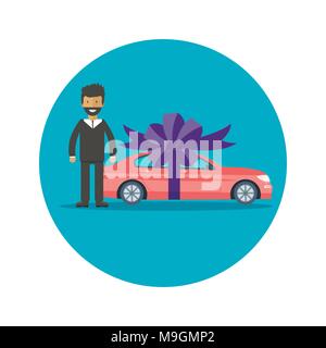 Poster with man red machine and ribbon. Car gift concept or presentation of  auto for sale, rent,. Flat vector illustration. Stock Vector
