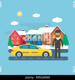Machine yellow cab with driver in the city. Public taxi service concept. Flat vector illustration. Stock Vector
