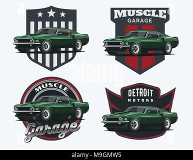 Set of classic muscle car logo, emblems and badges isolated on white background. Stock Vector