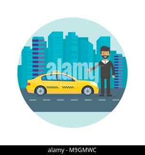 Machine yellow cab with driver in the city. Public taxi service concept. Flat vector illustration. Stock Vector