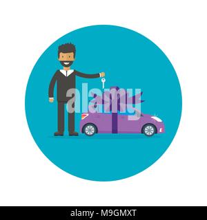 Poster with man, key, machine and ribbon. Car gift concept or presentation of  auto for sale, rent,. Flat vector illustration. Stock Vector