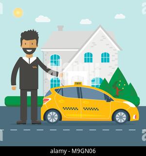 Machine yellow cab with driver in the city. Public taxi service concept. Flat vector illustration. Stock Vector