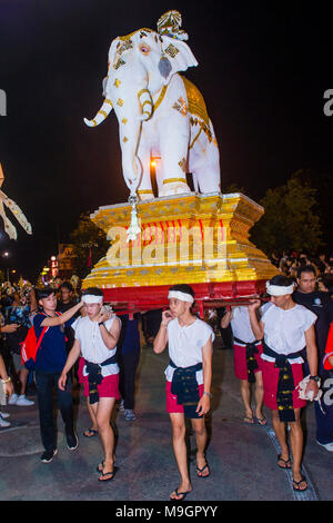 Participants in a parade during Yee Peng festival in Chiang Mai , Thailand Stock Photo