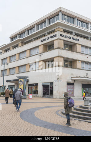 House of Fraser Plymouth, closing. Metaphor struggling retailers, high street squeeze, House of Fraser shop closures, high street spending drop Stock Photo