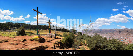 Panoramic view on three crosses in Cusco Peru Stock Photo