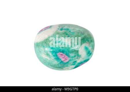 Macro shooting of natural gemstone. Raw ruby mineral in zoisite, Karelia. Isolated object on a white background. Stock Photo