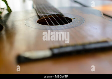 blurry out of focus image of Acoustic guitar with musical notes on