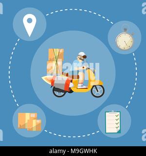 Fast delivery banner. Boy riding yellow scooter Stock Vector